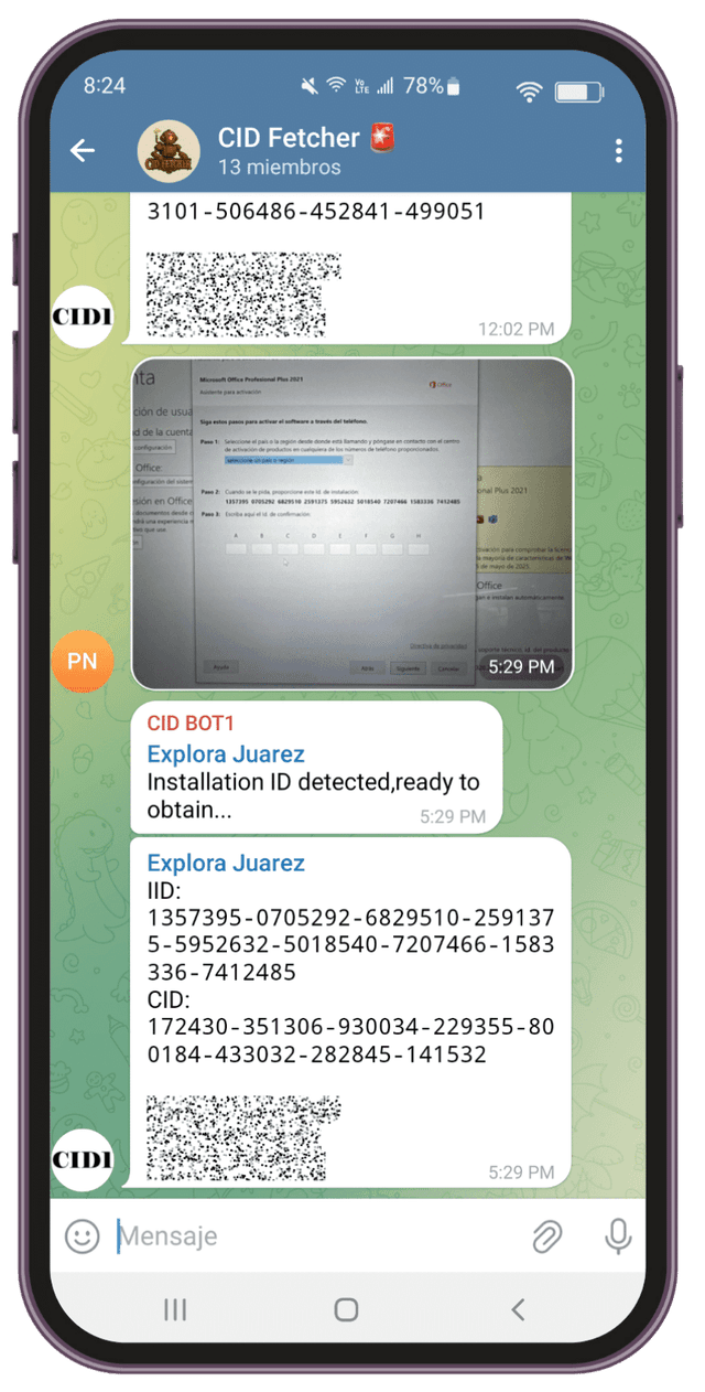 Demo del Bot CID Fetcher activando una licencia en Telegram